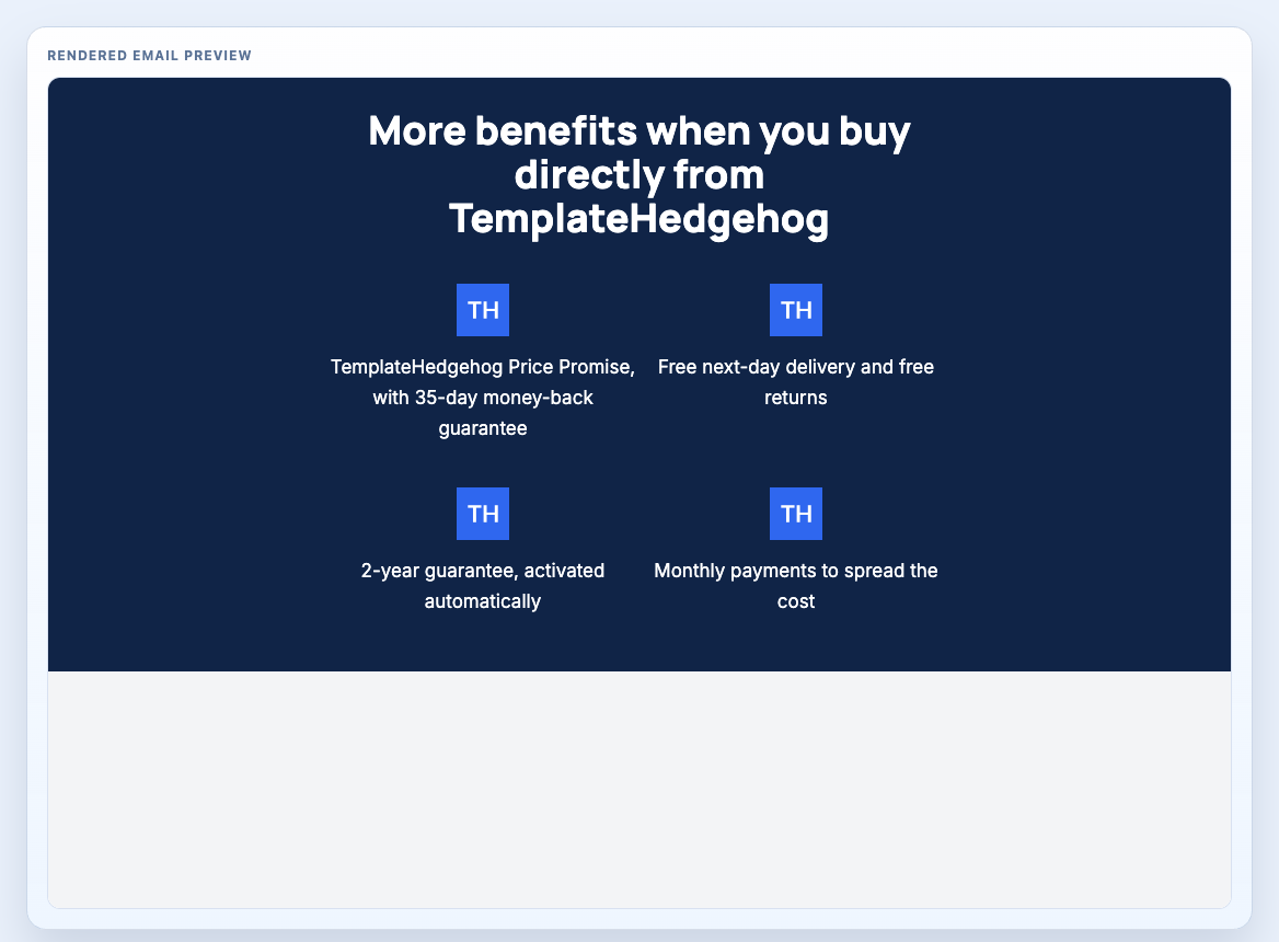 Direct Benefits Grid Dark rendered email block preview