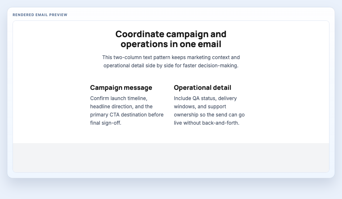 Dual Text Columns rendered email block preview