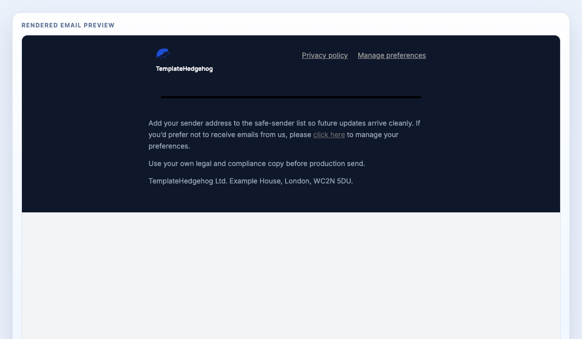 Footer Minimal Dark rendered email block preview