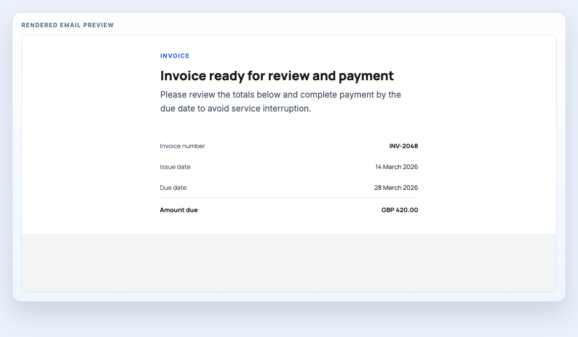 Invoice Summary Card rendered email block preview