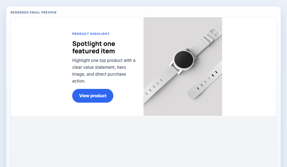 Product Highlight Feature rendered email block preview