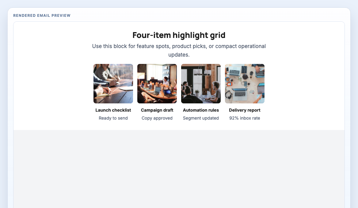 Quad Image Grid rendered email block preview